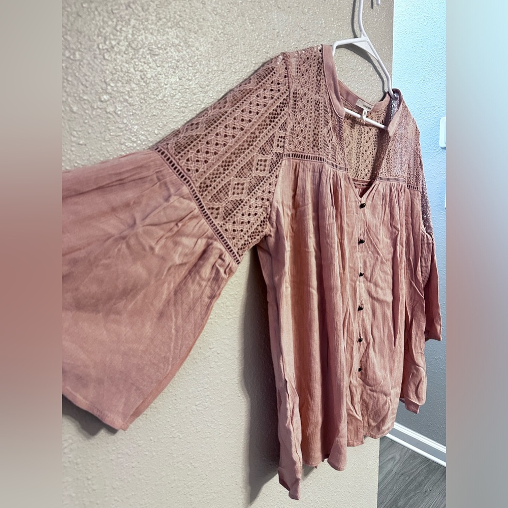 Pink Bell Sleeve Mandarin Collar Blouse